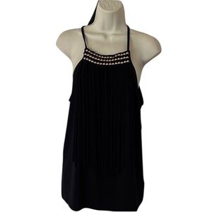 Michael Kors Black sleeveless Top with long fringe & Gold Accents